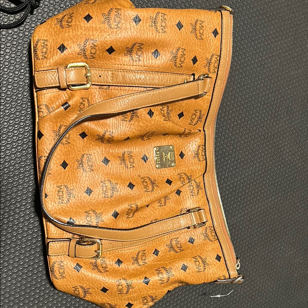 MCM Tan Leather Shoulder Bag with Monogram Pattern